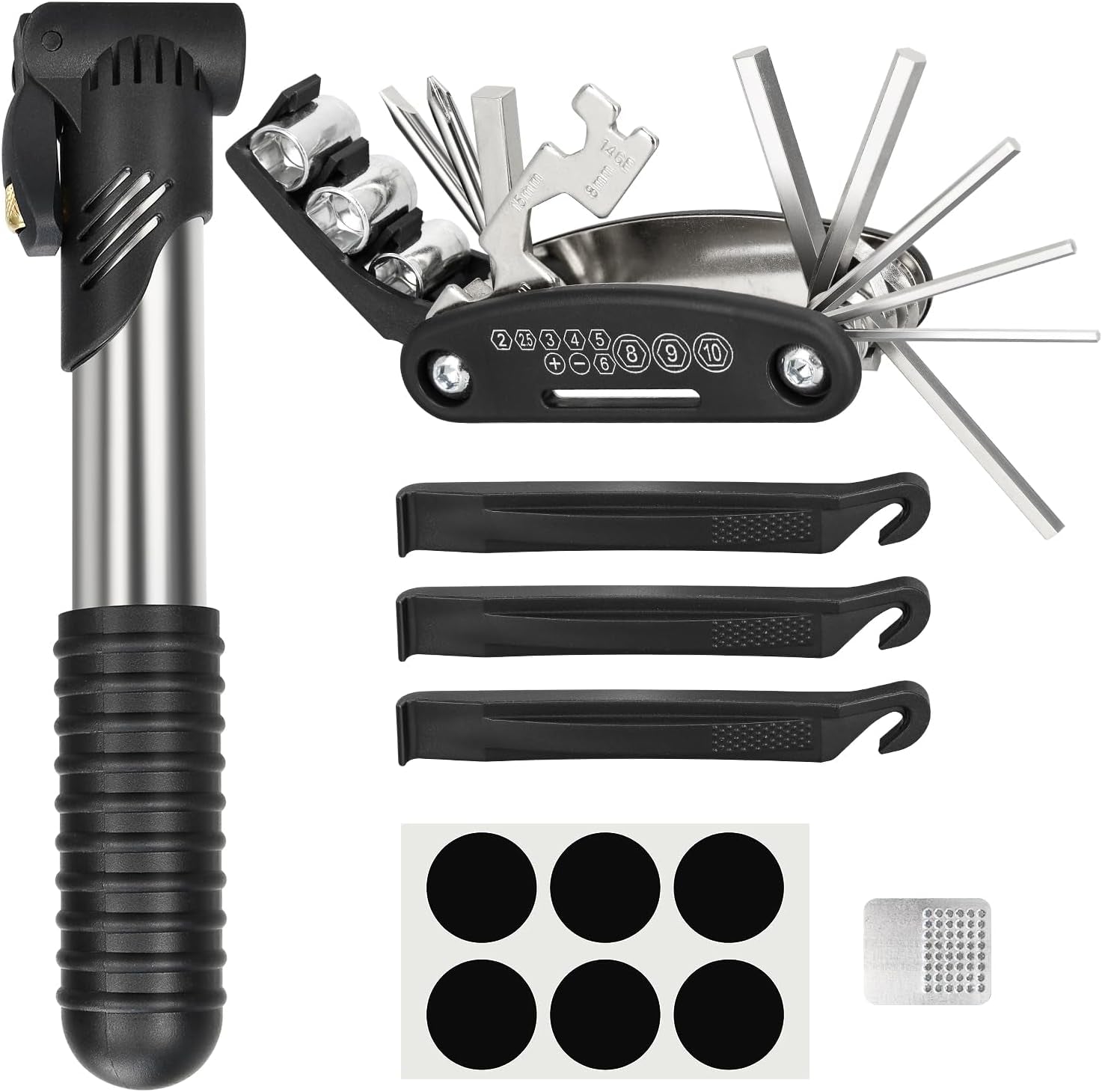 Bike Repair Kit, Bike Tire Repair Tool Kit, Including Bike Tire Pump, 16-In-1 Bike Multitool, Bicycle Tire Repair Accessories, Used for Mountain Bike and Road Bike