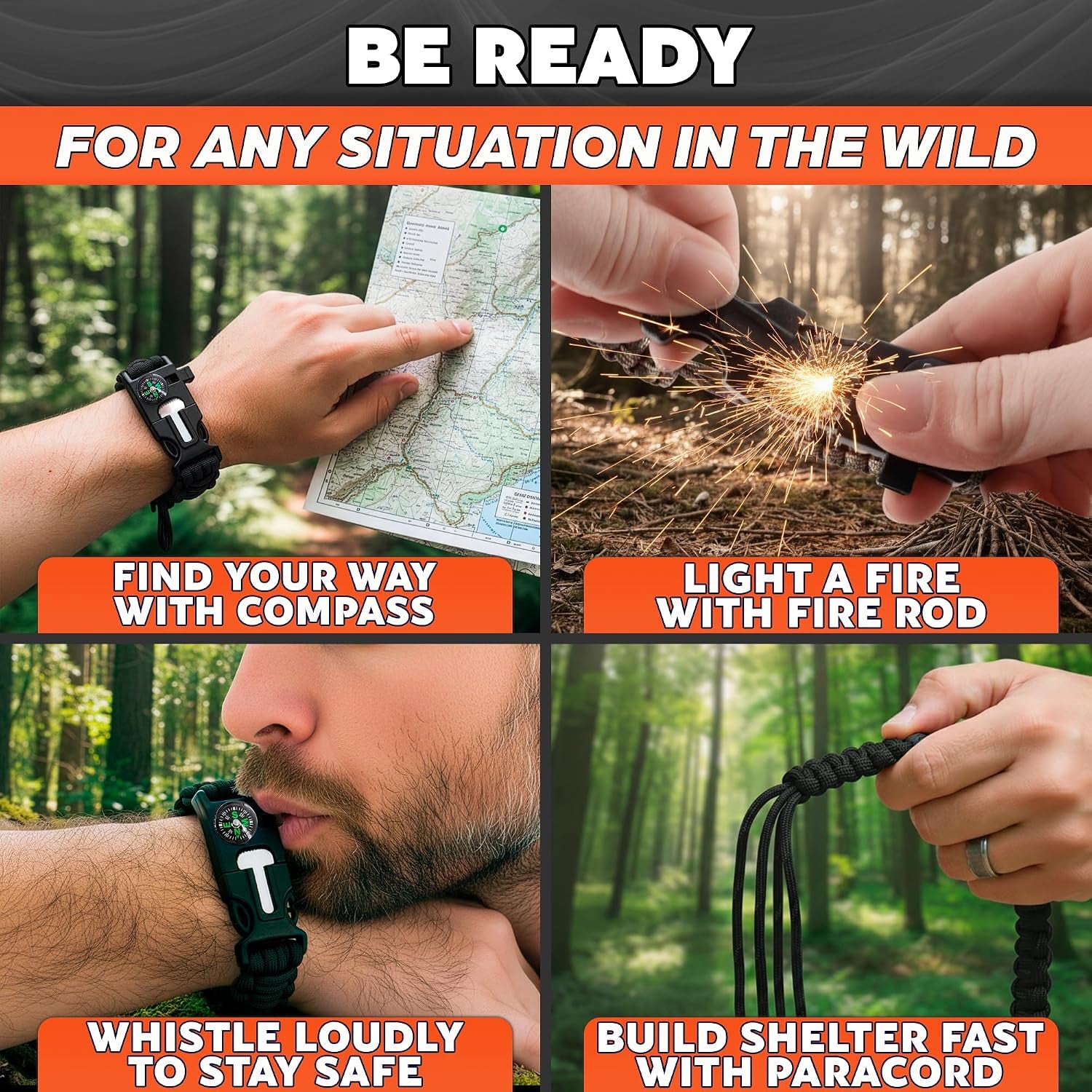 Adjustable Paracord Bracelet, Survival, 5-In-1 Tactical Gear, 2 Pack