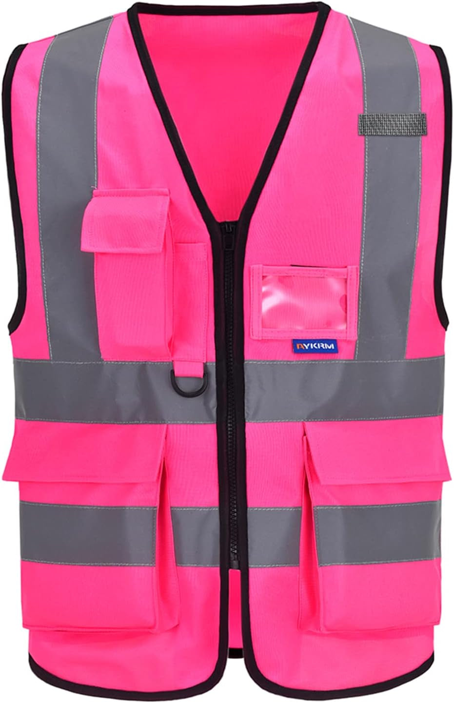 Reflective Safety Vest with Mic Tabs, Black Front Zipper, Pink, L