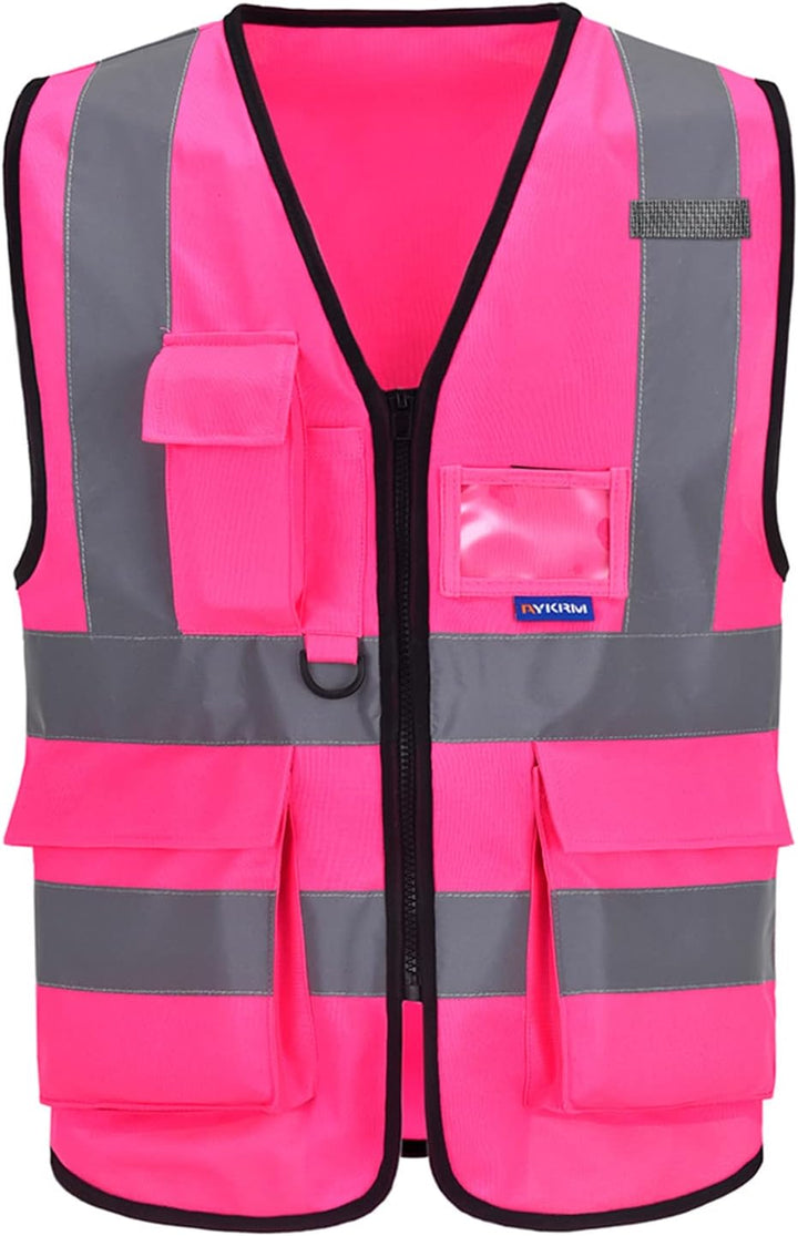 Reflective Safety Vest with Mic Tabs, Black Front Zipper, Pink, L