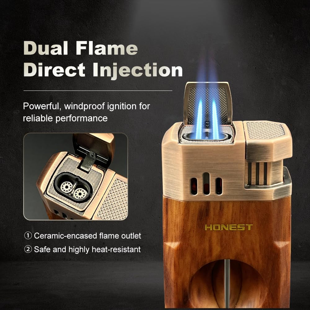 Windproof Torch Lighter with Built-In Cigar Cutter – Dual-Flame Refillable Stainless Steel Cigar Accessory for Candles & Fireplace