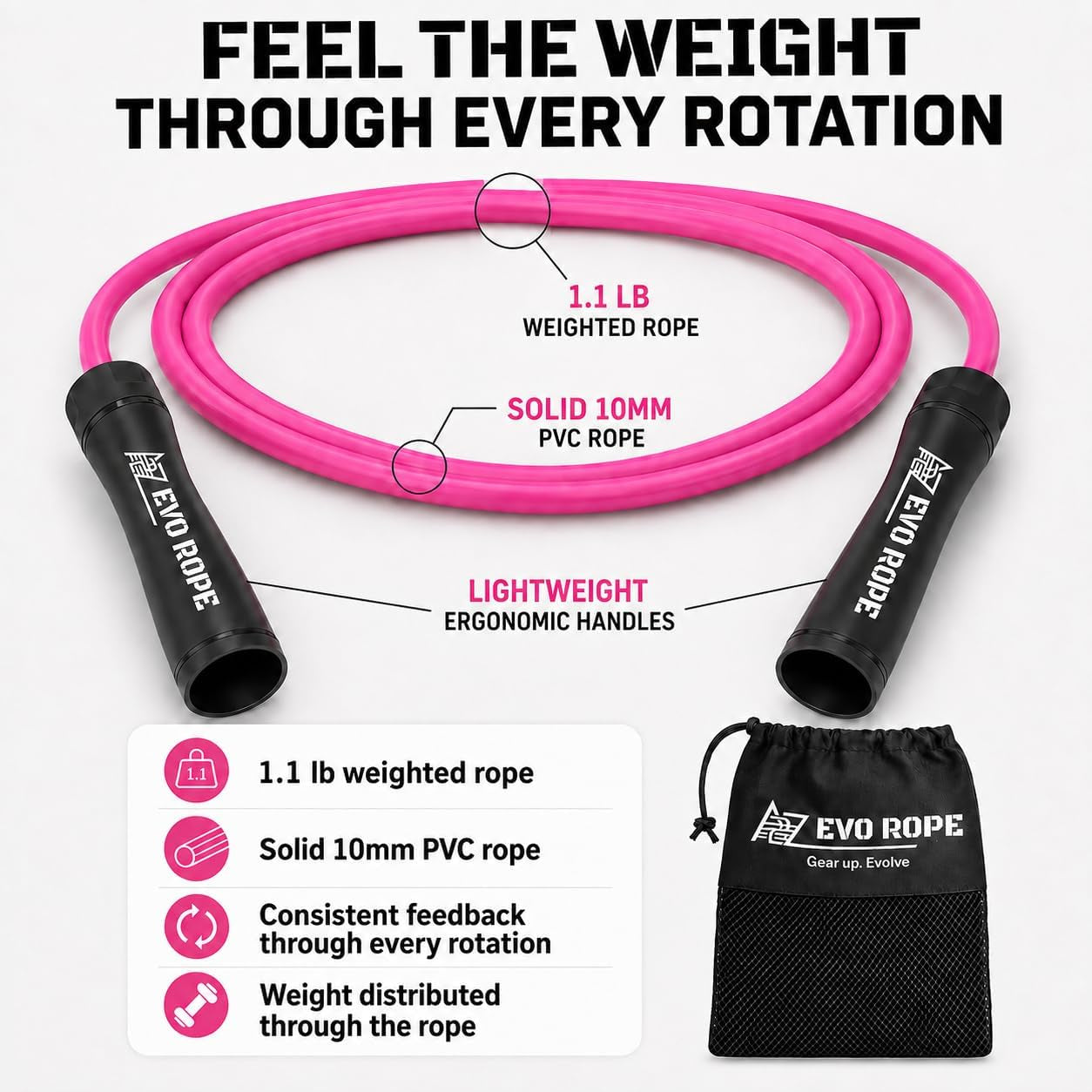 Evo Rope | 1.1LB Weighted Jump Rope for Women & Men – Adjustable 10Mm Heavy PVC Skipping Rope for Fitness, Ideal for High-Intensity Training, MMA, Boxing, Crossfit, Weight-Loss Workouts