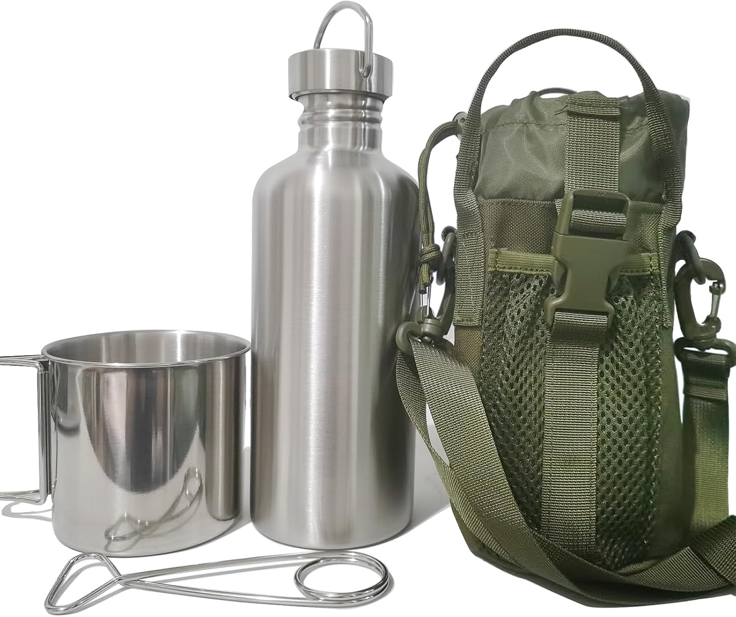 3-In-1 Outdoor Canteen – 42Oz Single Wall Water Bottle with 24Oz Nesting Cup & Carry Bag. 18/8 Stainless Steel Wide Mouth for Camping, Hiking, Survival, Emergency Kits