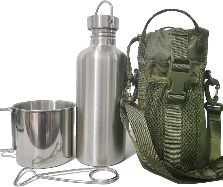 3-In-1 Outdoor Canteen – 42Oz Single Wall Water Bottle with 24Oz Nesting Cup & Carry Bag. 18/8 Stainless Steel Wide Mouth for Camping, Hiking, Survival, Emergency Kits