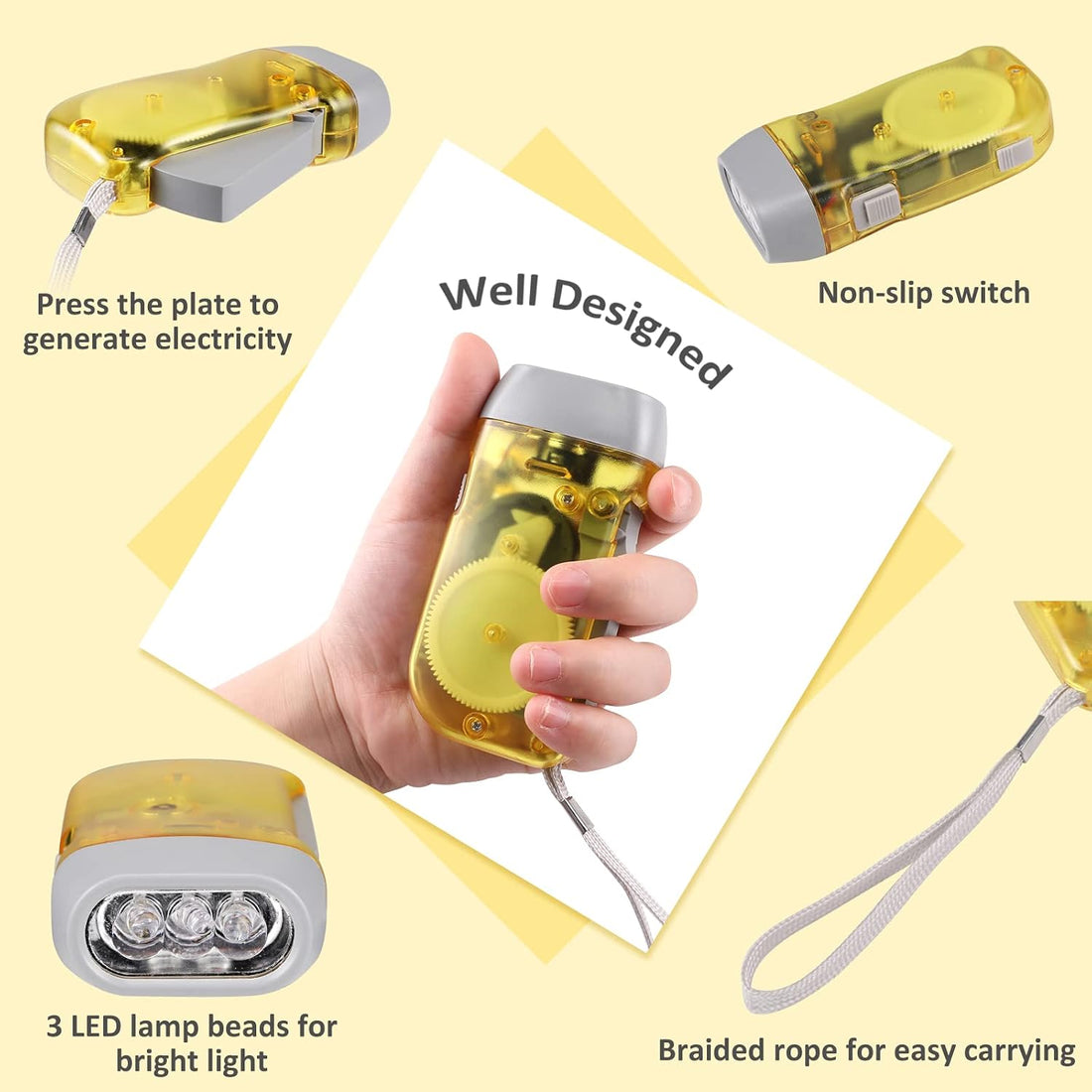 8 Pack Hand Crank Emergency Flashlight, No Battery Required, 3 LED Lights
