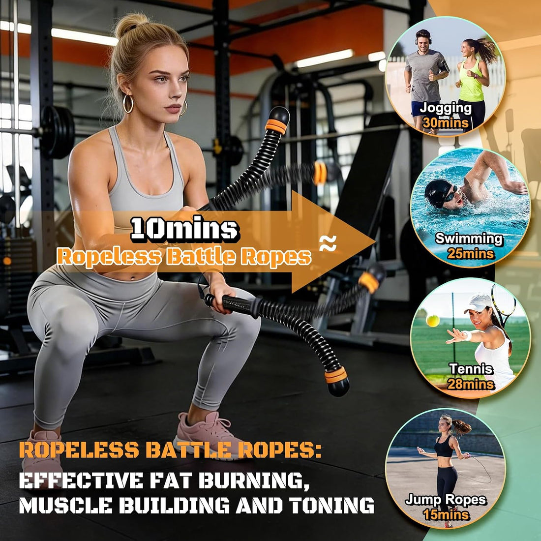 Cordless Battle Ropes, Adjustable Ropeless Battle Ropes for Home Gym