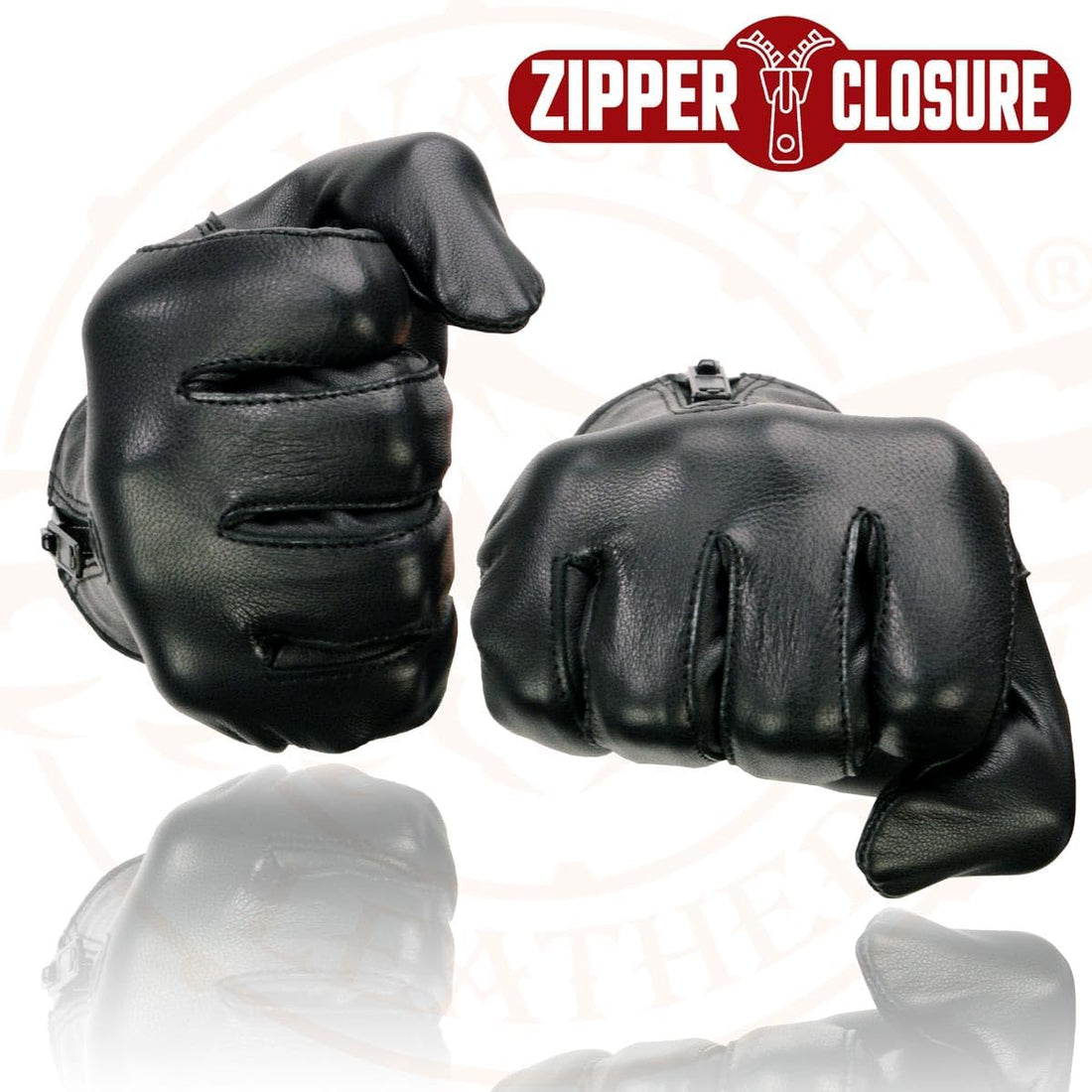SH722 Ladies Black Unlined Leather Gloves with Zipper Closure