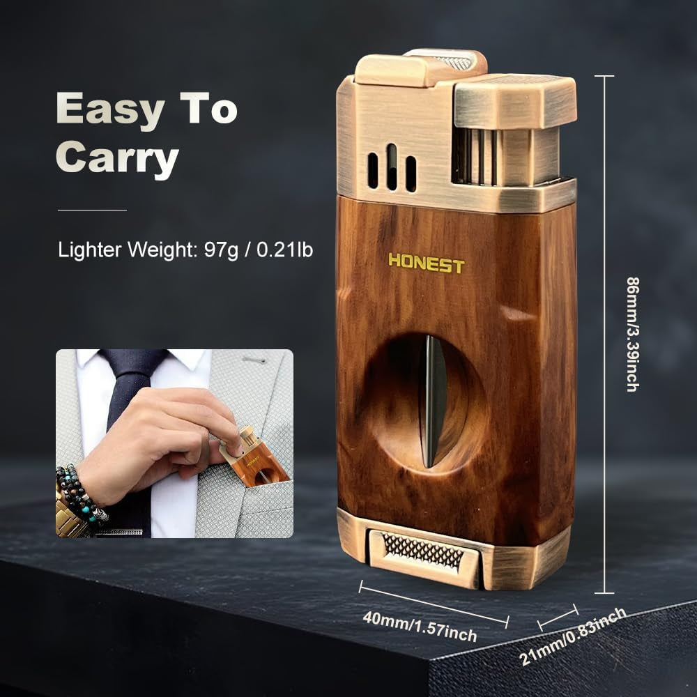Windproof Torch Lighter with Built-In Cigar Cutter – Dual-Flame Refillable Stainless Steel Cigar Accessory for Candles & Fireplace