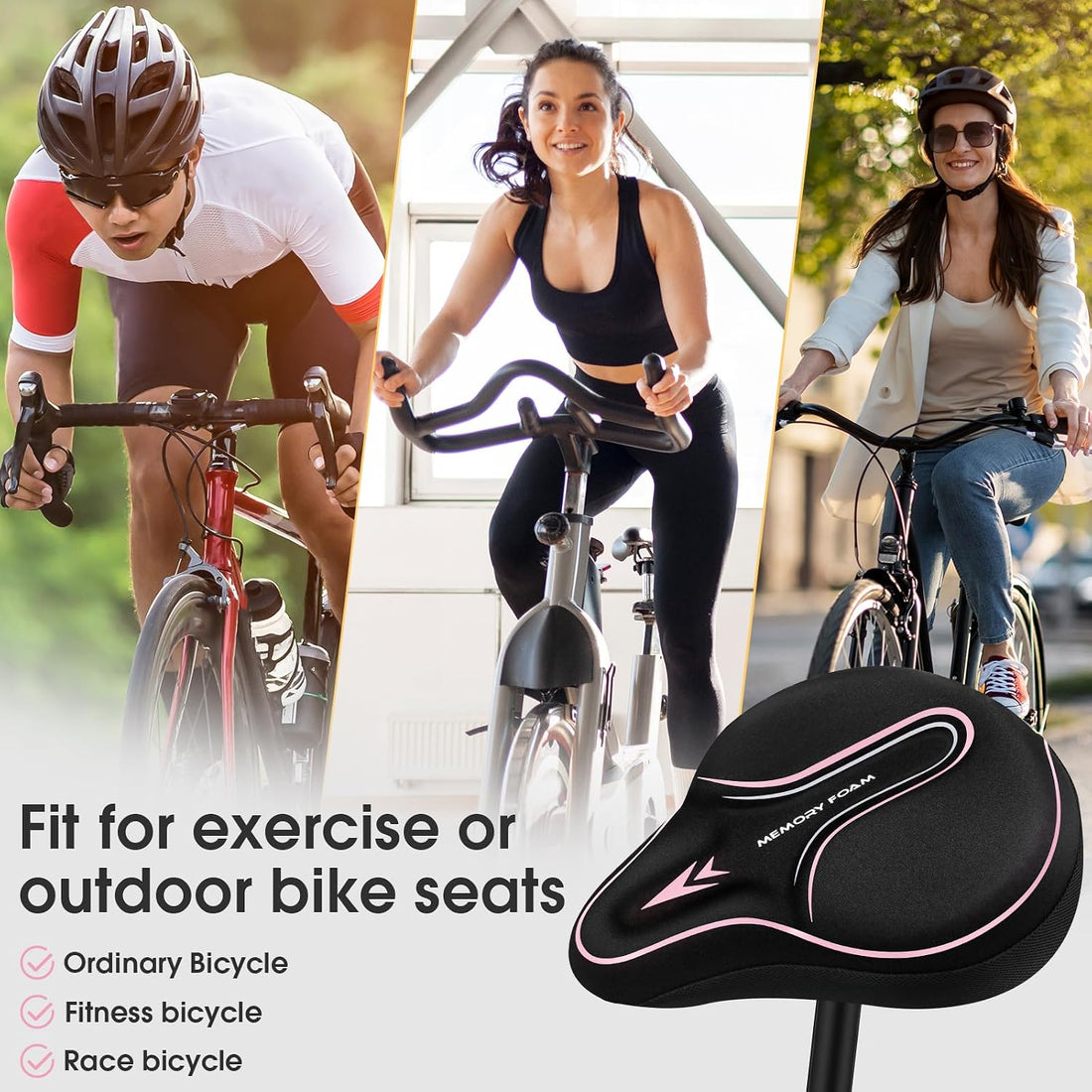 Memory Foam Bike Seat Cover Padded, Soft Bike Cushion for Men & Women, Comfortable Bike Accessories for Bike, Outdoor Indoor Cycling