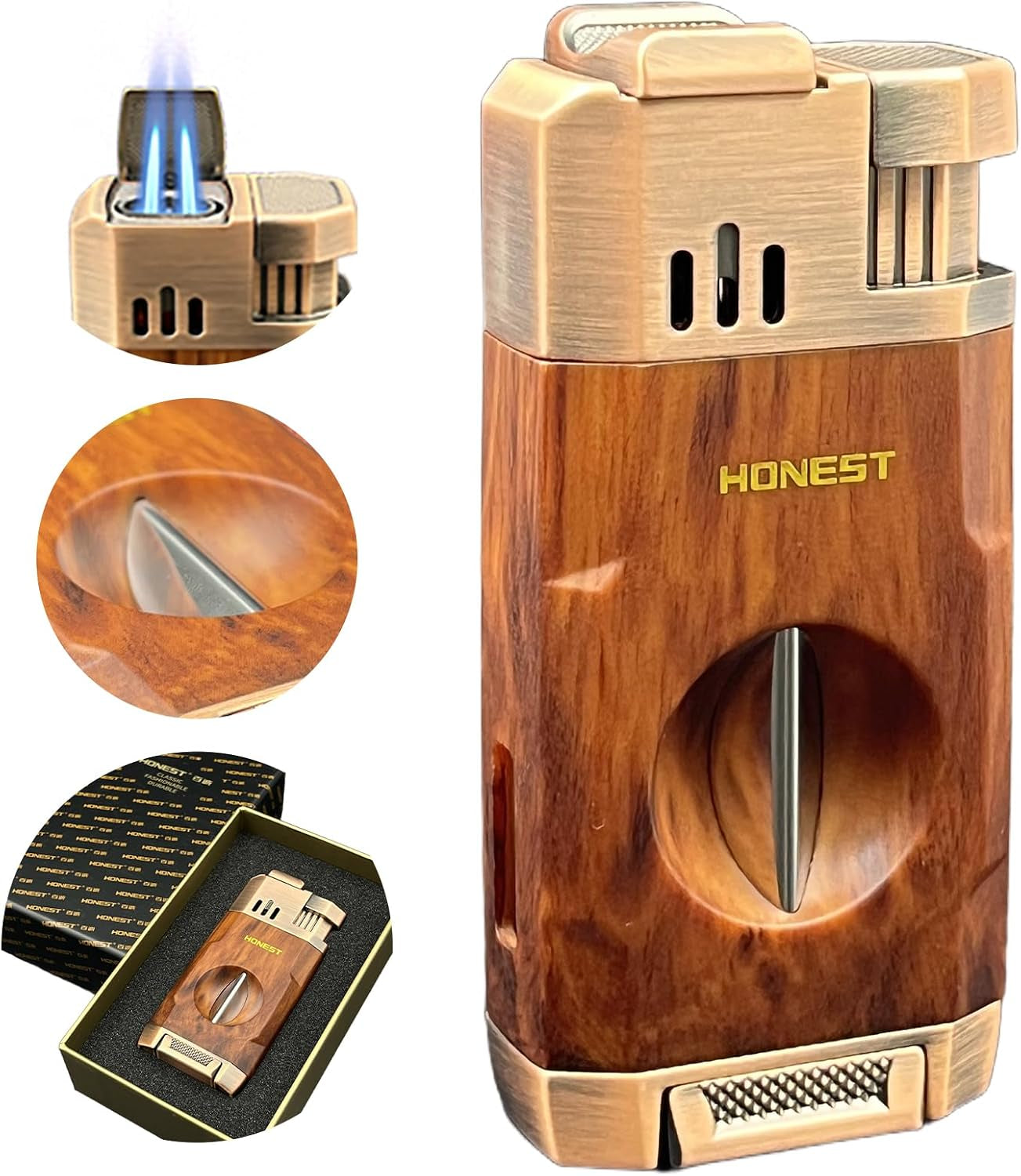 Windproof Torch Lighter with Built-In Cigar Cutter – Dual-Flame Refillable Stainless Steel Cigar Accessory for Candles & Fireplace