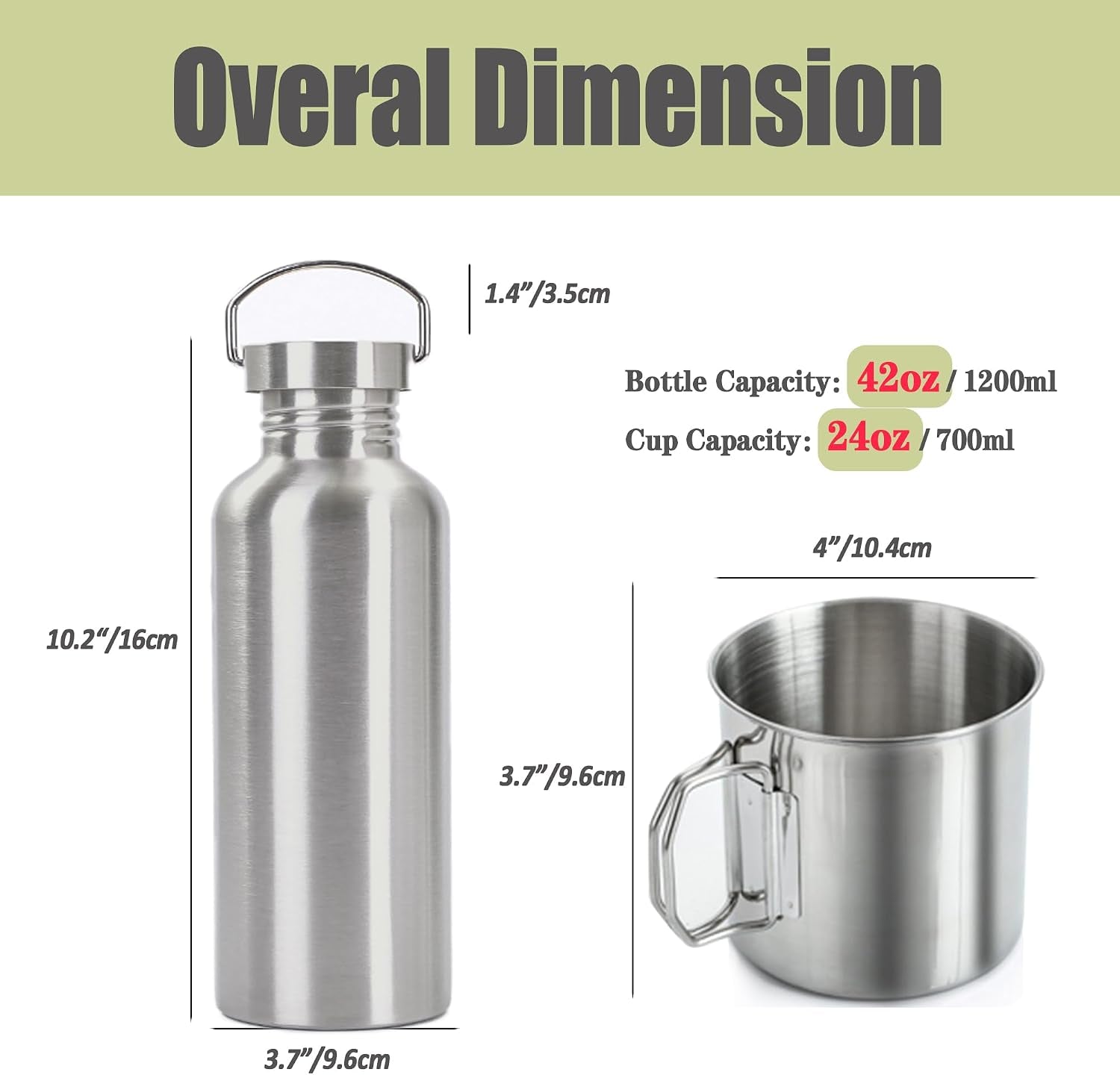 3-In-1 Outdoor Canteen – 42Oz Single Wall Water Bottle with 24Oz Nesting Cup & Carry Bag. 18/8 Stainless Steel Wide Mouth for Camping, Hiking, Survival, Emergency Kits