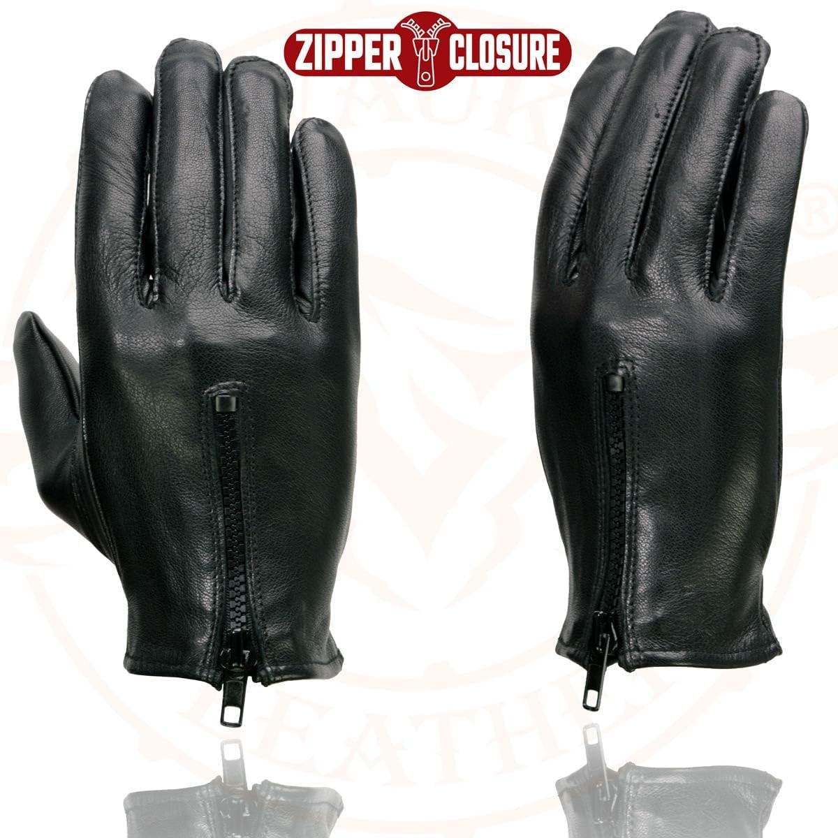 SH722 Ladies Black Unlined Leather Gloves with Zipper Closure