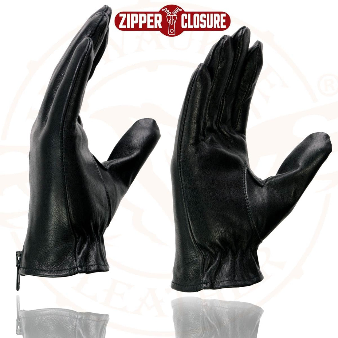 SH722 Ladies Black Unlined Leather Gloves with Zipper Closure