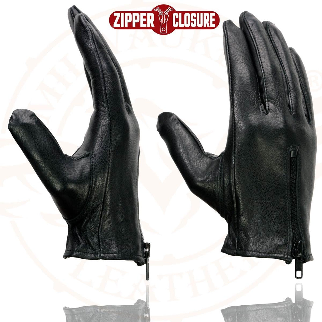 SH722 Ladies Black Unlined Leather Gloves with Zipper Closure