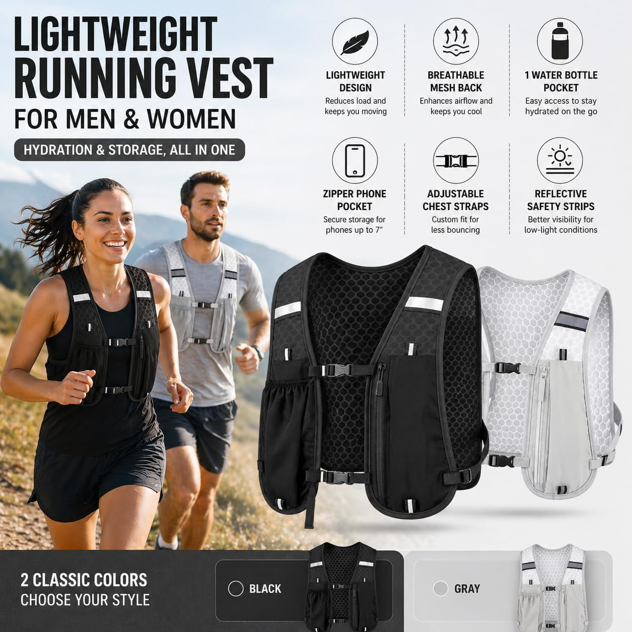 Running Vest for Women & Men, Hydration Vest with Water Bottle Holder and Zipper Phone Pocket, Lightweight Breathable Reflective Running Vest for Marathon.