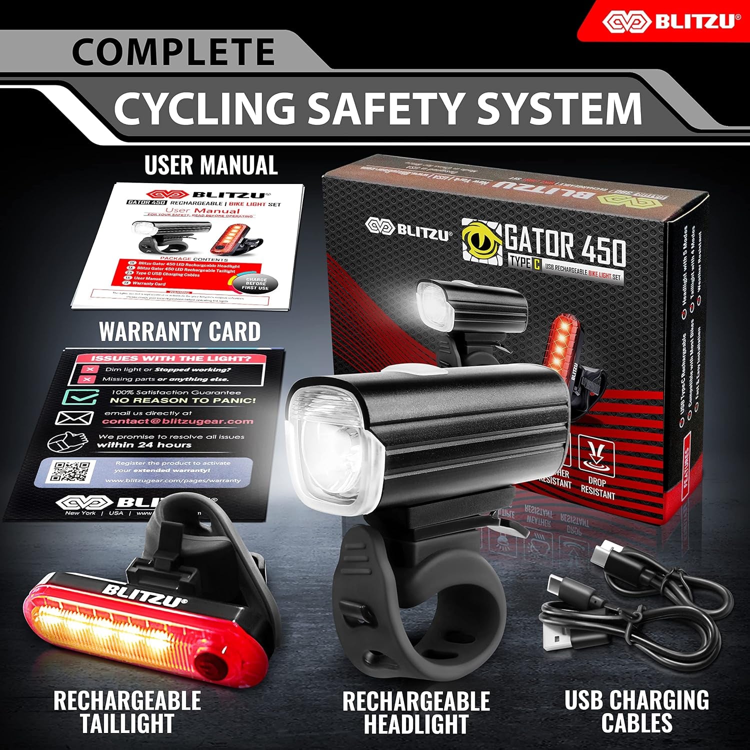 USB-C Rechargeable Bike Lights Set, LED Bicycle Front & Rear Light