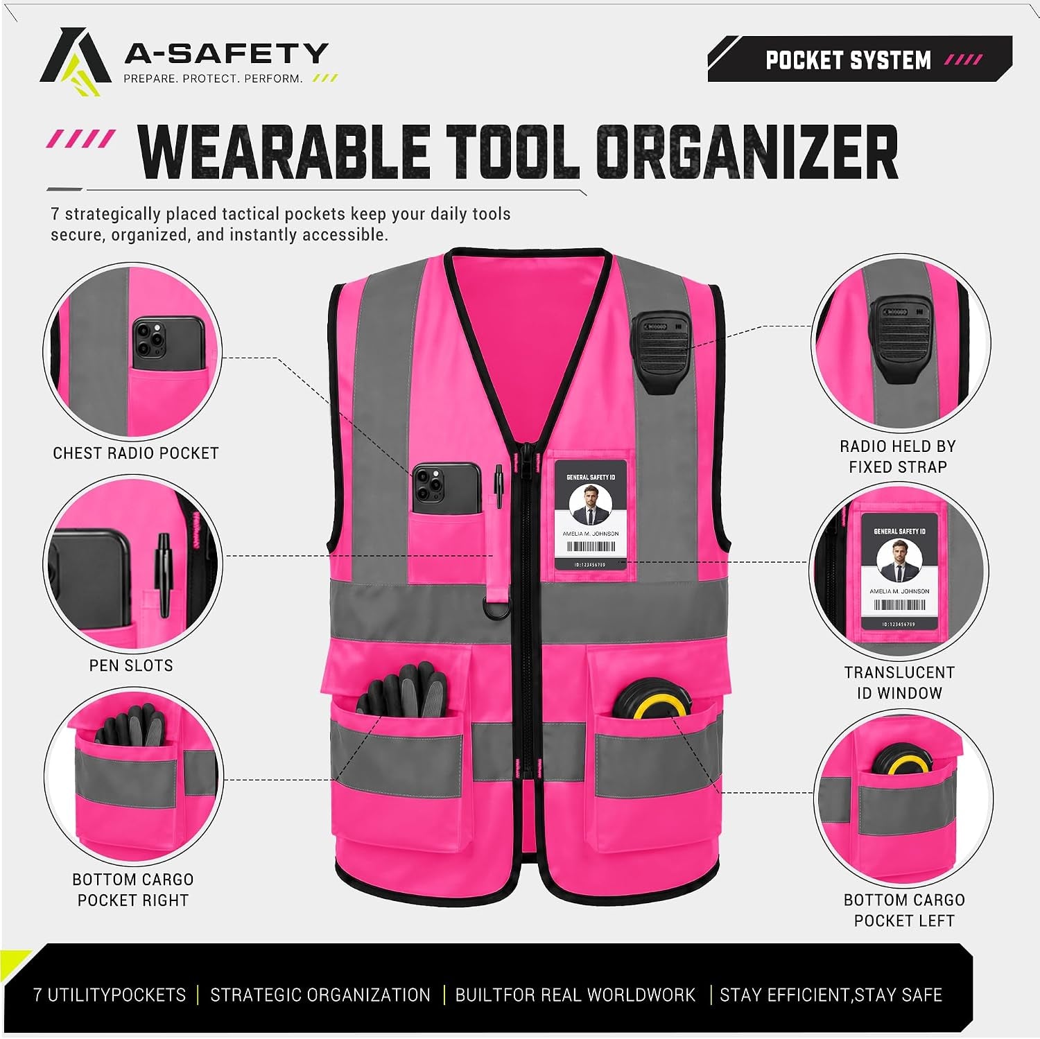 Reflective Safety Vest with Mic Tabs, Black Front Zipper, Pink, L