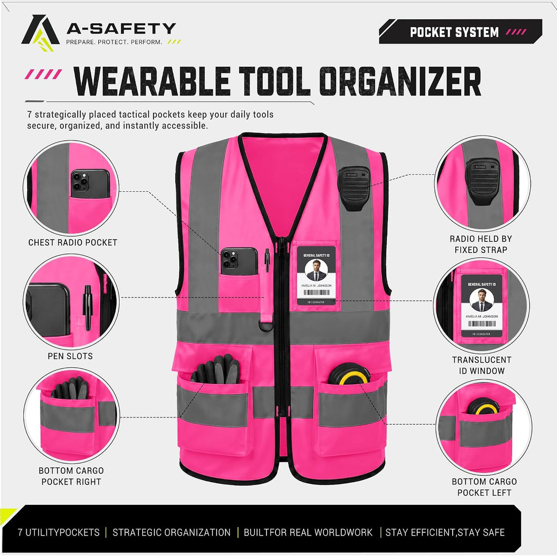 Reflective Safety Vest with Mic Tabs, Black Front Zipper, Pink, L