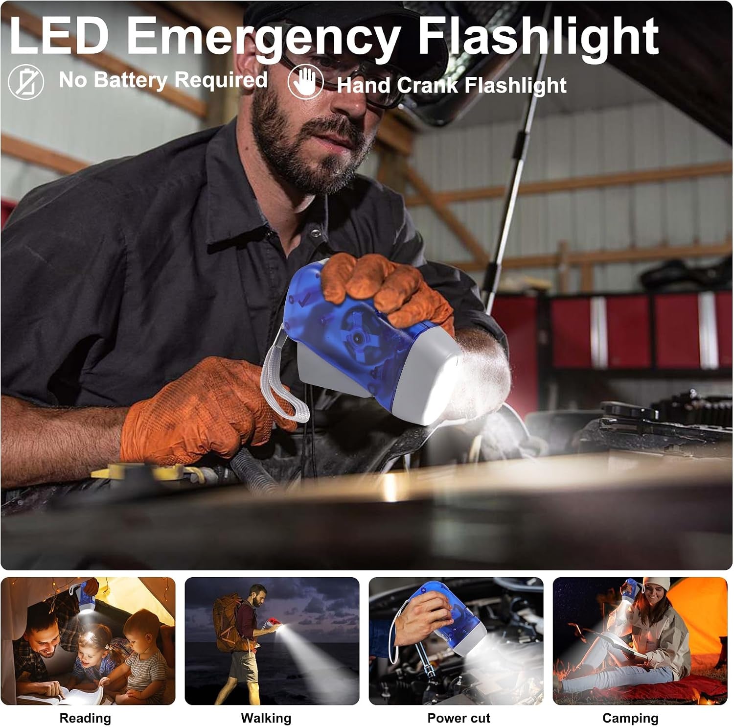 8 Pack Hand Crank Emergency Flashlight, No Battery Required, 3 LED Lights