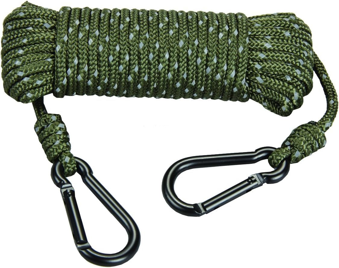 30Ft Heavy Duty Reflective Treestand Rope - Diameter Rope with 2 Carabiner Clips