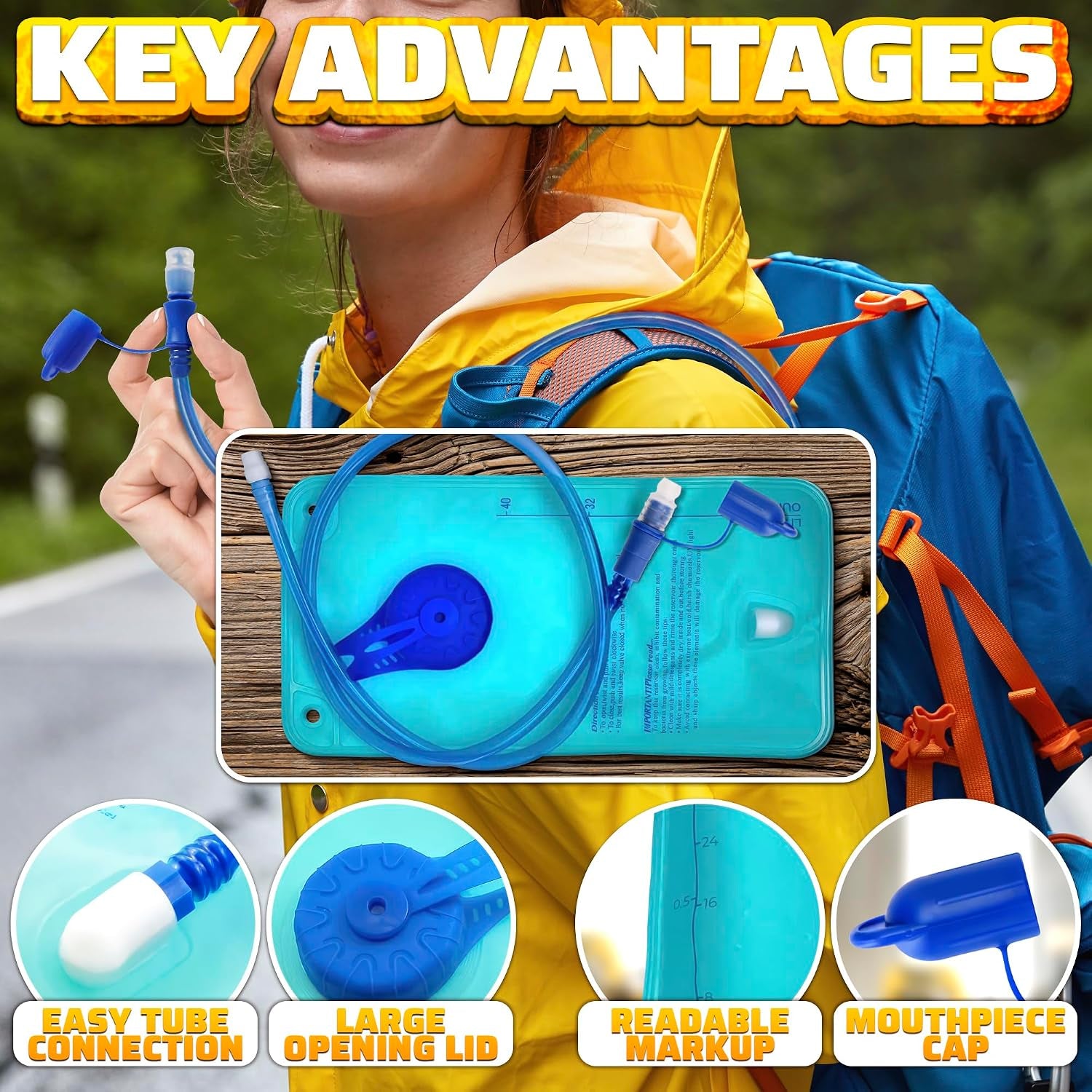 1/1.5L Water Bladder for Hiking Backpack, Wide Mouth, Fill Marks