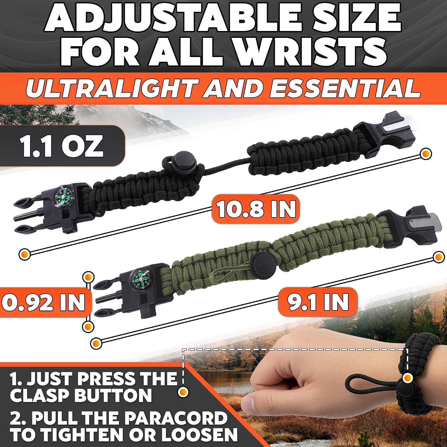 Adjustable Paracord Bracelet, Survival, 5-In-1 Tactical Gear, 2 Pack