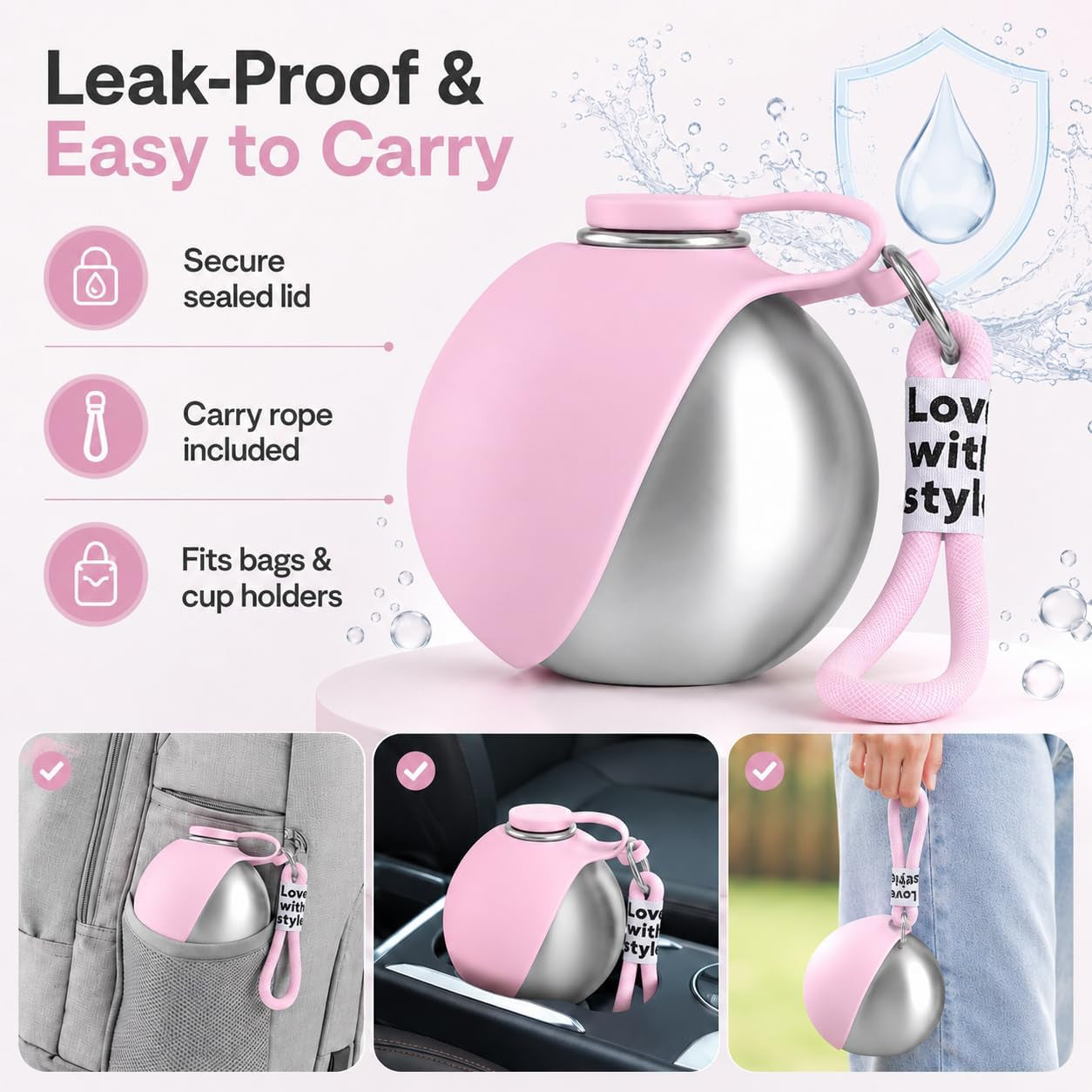 Portable Pet Dog Water Bottle with Silicone Collapsible Bowl, 10 Oz Pink