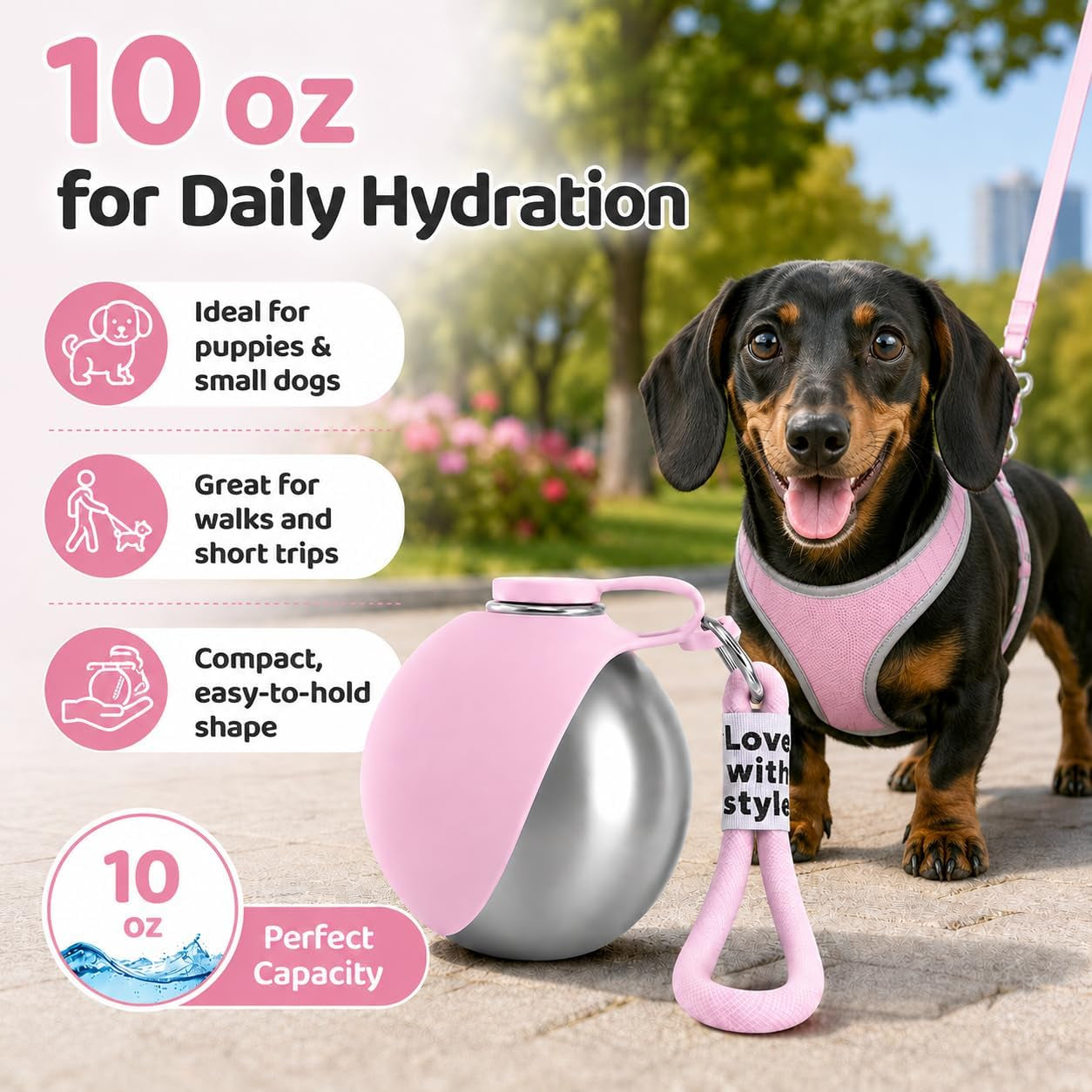 Portable Pet Dog Water Bottle with Silicone Collapsible Bowl, 10 Oz Pink