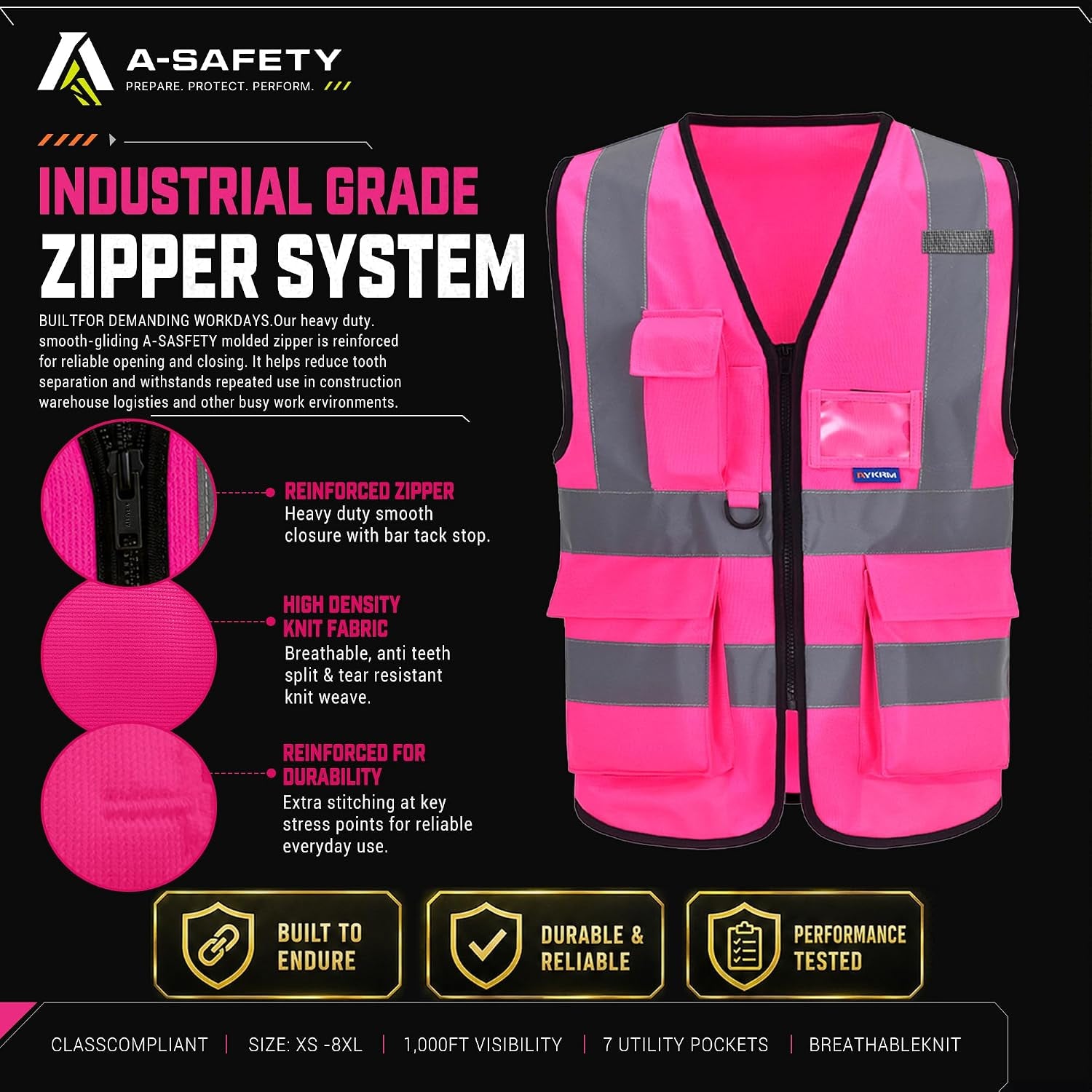 Reflective Safety Vest with Mic Tabs, Black Front Zipper, Pink, L