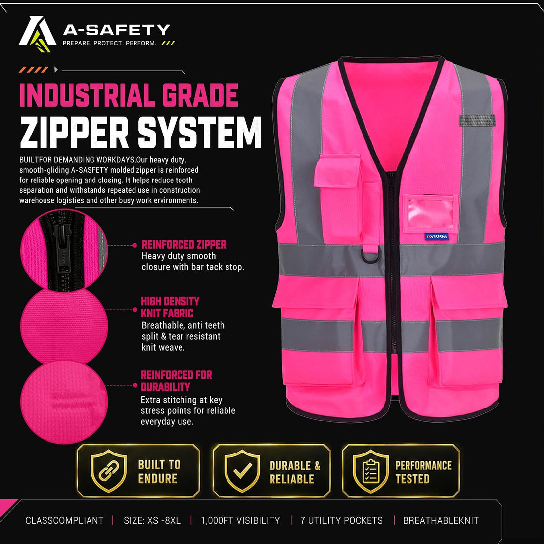 Reflective Safety Vest with Mic Tabs, Black Front Zipper, Pink, L