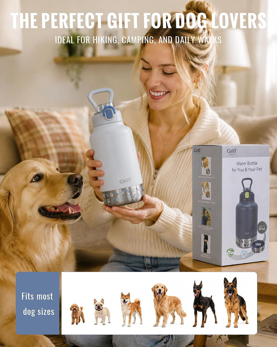 37Oz / 1.1L Insulated Dog Water Bottle with Carrying Case, (White)
