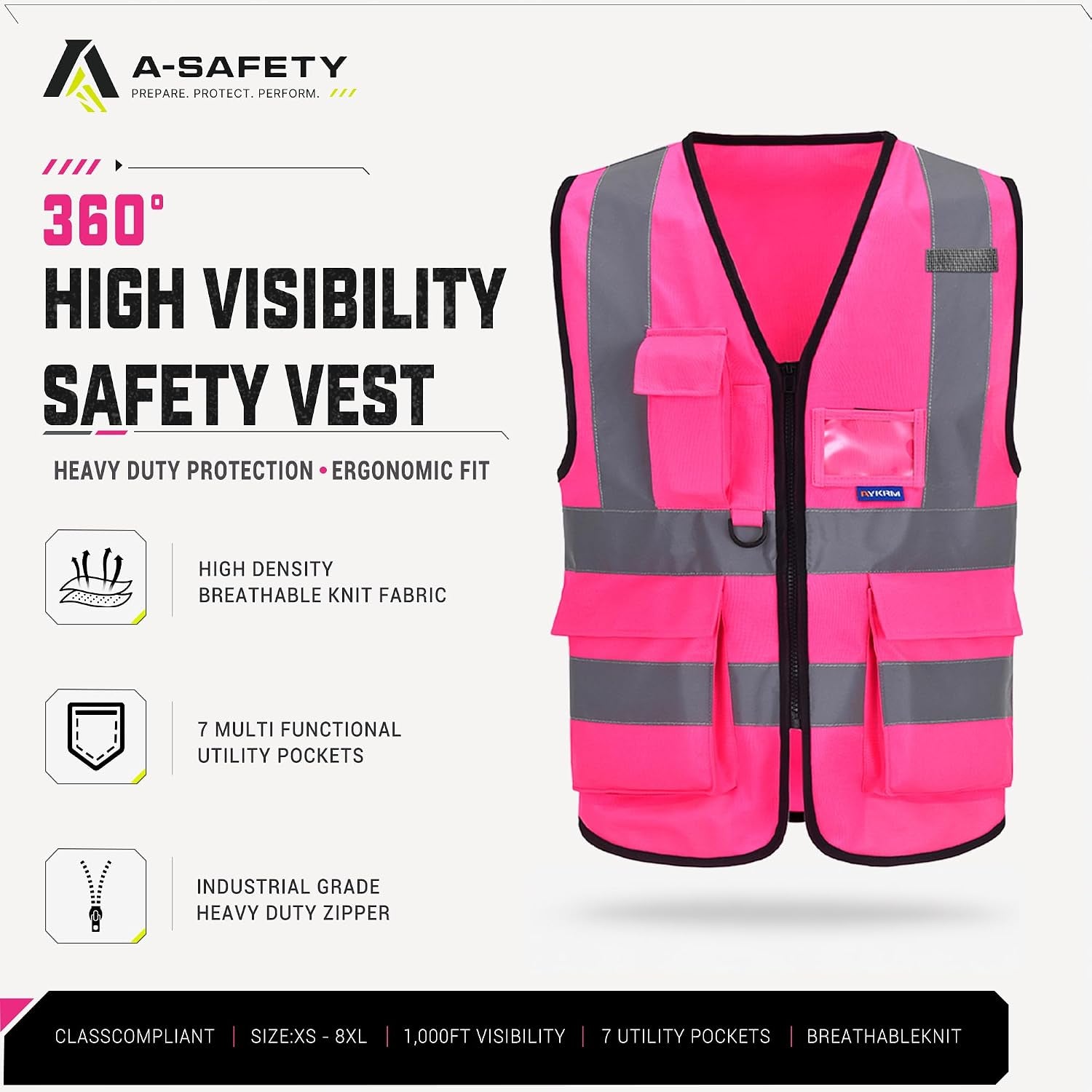 Reflective Safety Vest with Mic Tabs, Black Front Zipper, Pink, L
