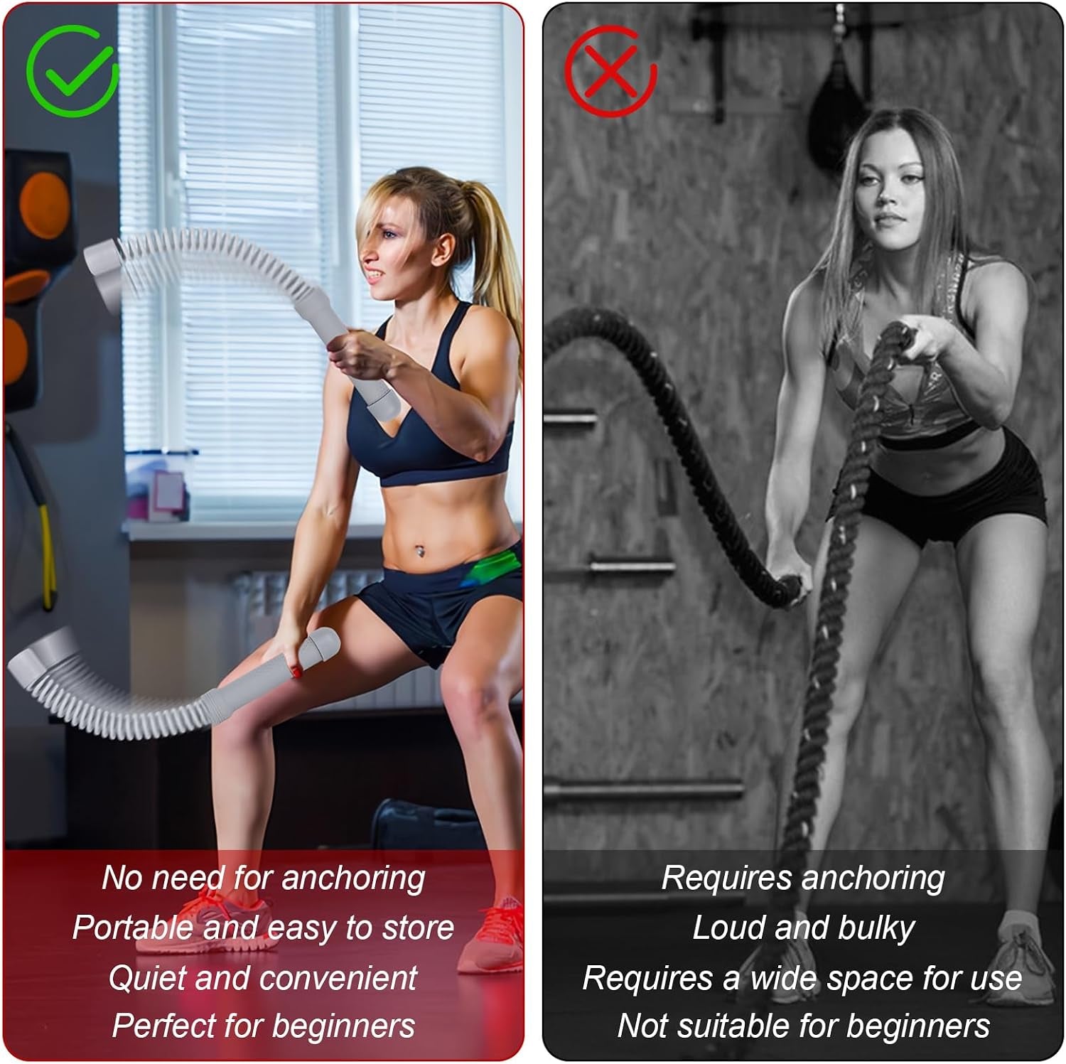 Ropeless Battle Ropes for Home Gym – 2Pcs Portable with Non-Slip Gloves