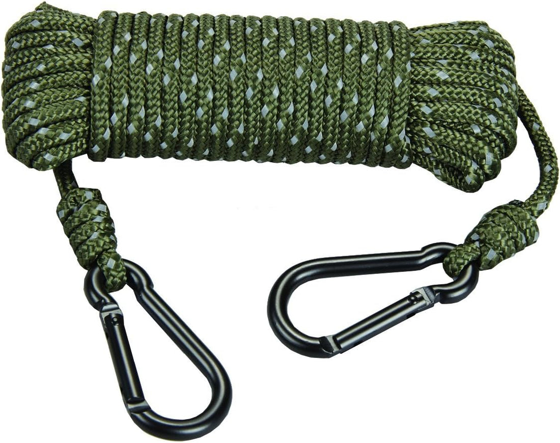 30Ft Heavy Duty Reflective Treestand Rope - Diameter Rope with 2 Carabiner Clips