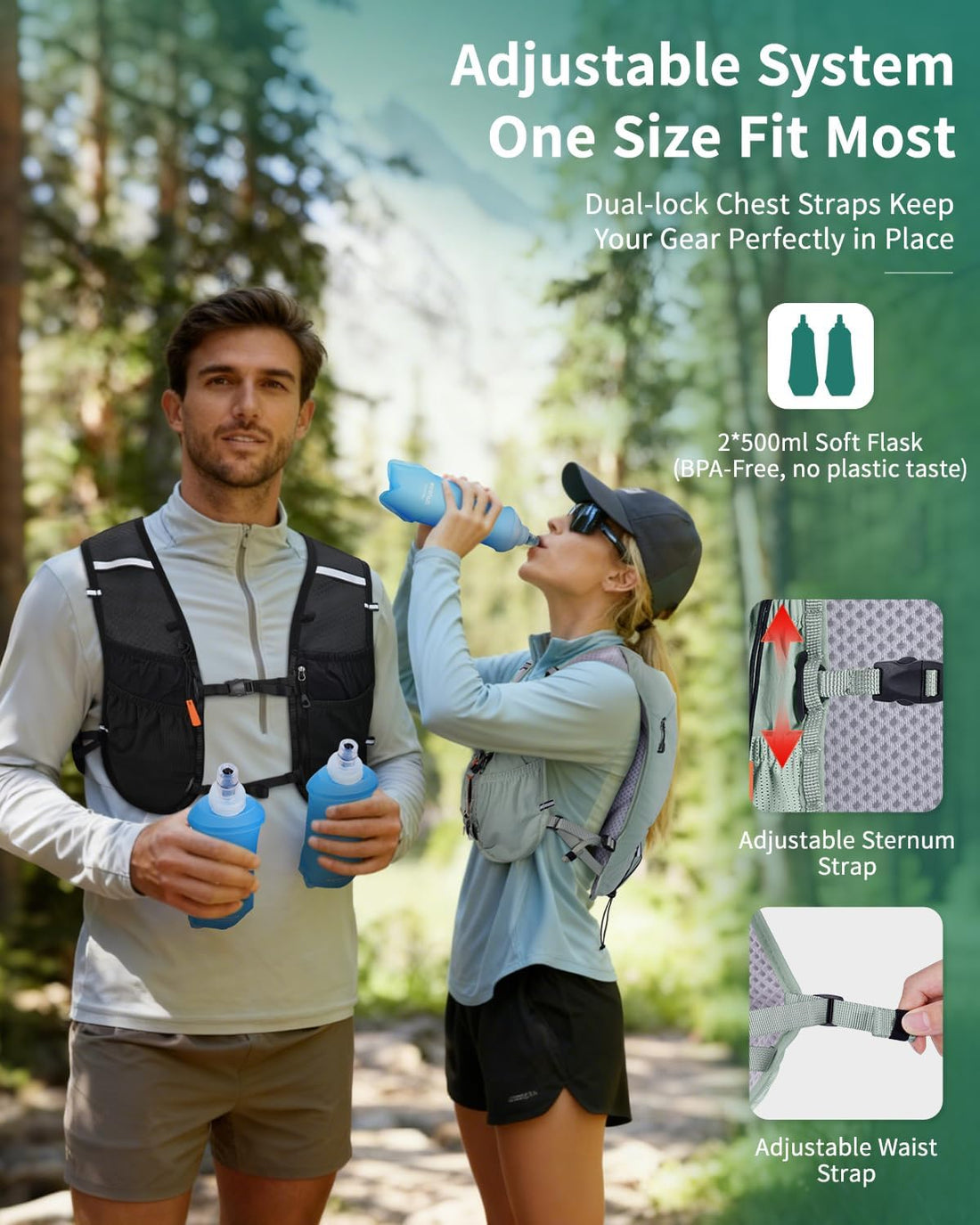 Running Hydration Vest Backpack with 2*500ML Soft Flask