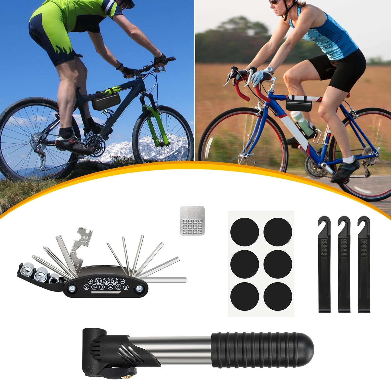 Bike Repair Kit, Bike Tire Repair Tool Kit, Including Bike Tire Pump, 16-In-1 Bike Multitool, Bicycle Tire Repair Accessories, Used for Mountain Bike and Road Bike