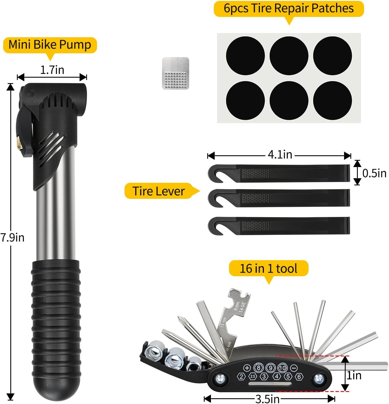 Bike Repair Kit, Bike Tire Repair Tool Kit, Including Bike Tire Pump, 16-In-1 Bike Multitool, Bicycle Tire Repair Accessories, Used for Mountain Bike and Road Bike