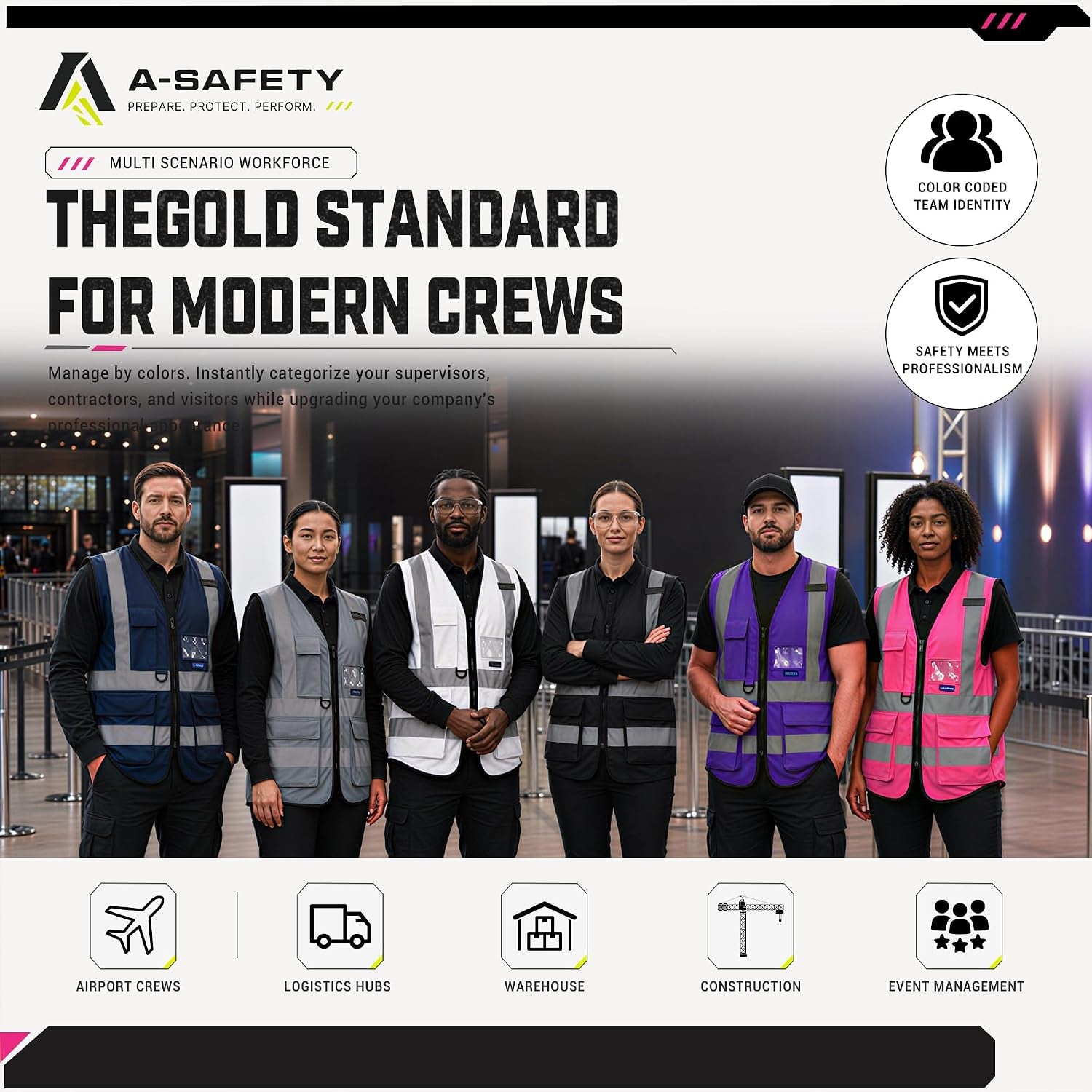 Reflective Safety Vest with Mic Tabs, Black Front Zipper, Pink, L