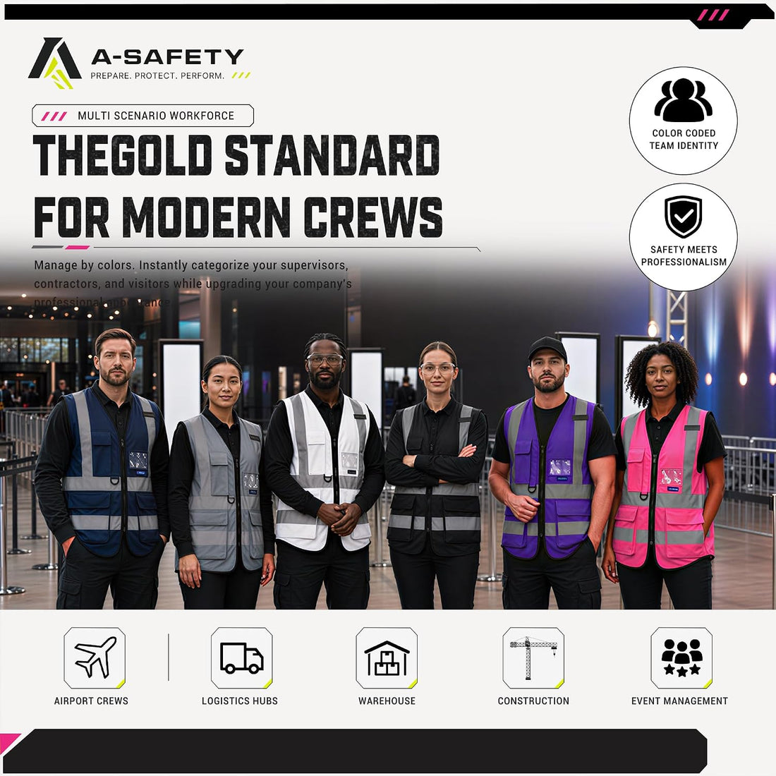 Reflective Safety Vest with Mic Tabs, Black Front Zipper, Pink, L