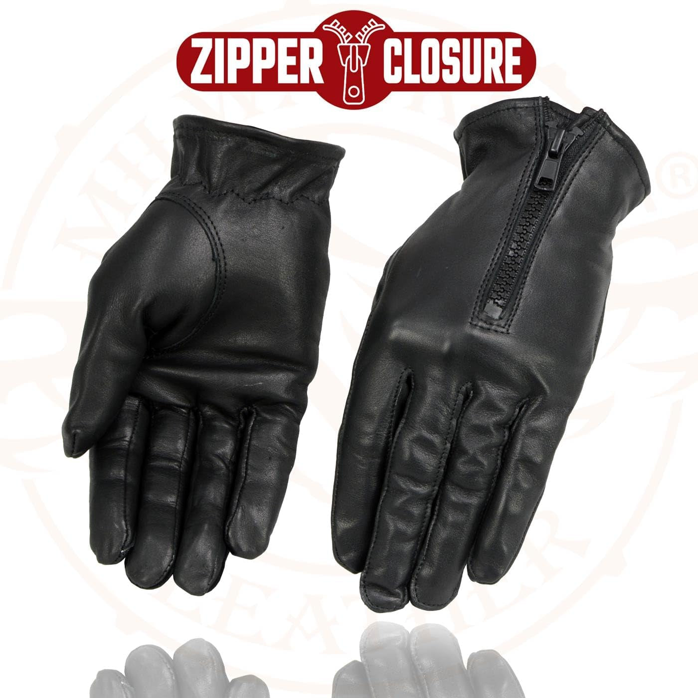 SH722 Ladies Black Unlined Leather Gloves with Zipper Closure