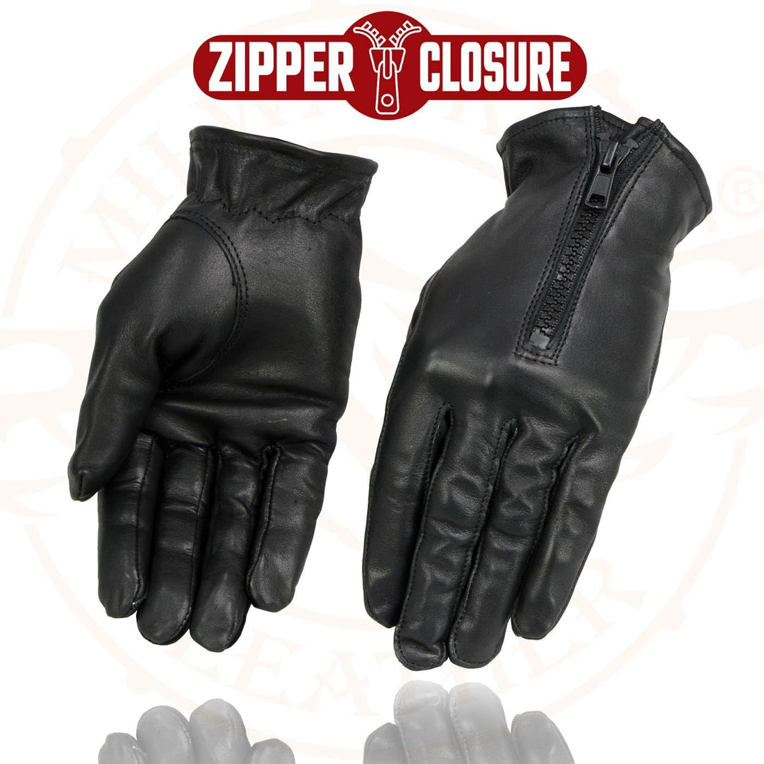 SH722 Ladies Black Unlined Leather Gloves with Zipper Closure