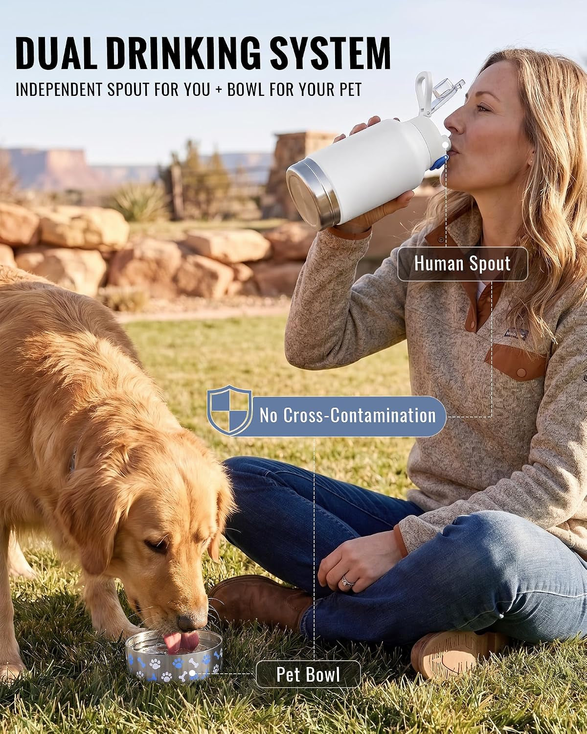 37Oz / 1.1L Insulated Dog Water Bottle with Carrying Case, (White)