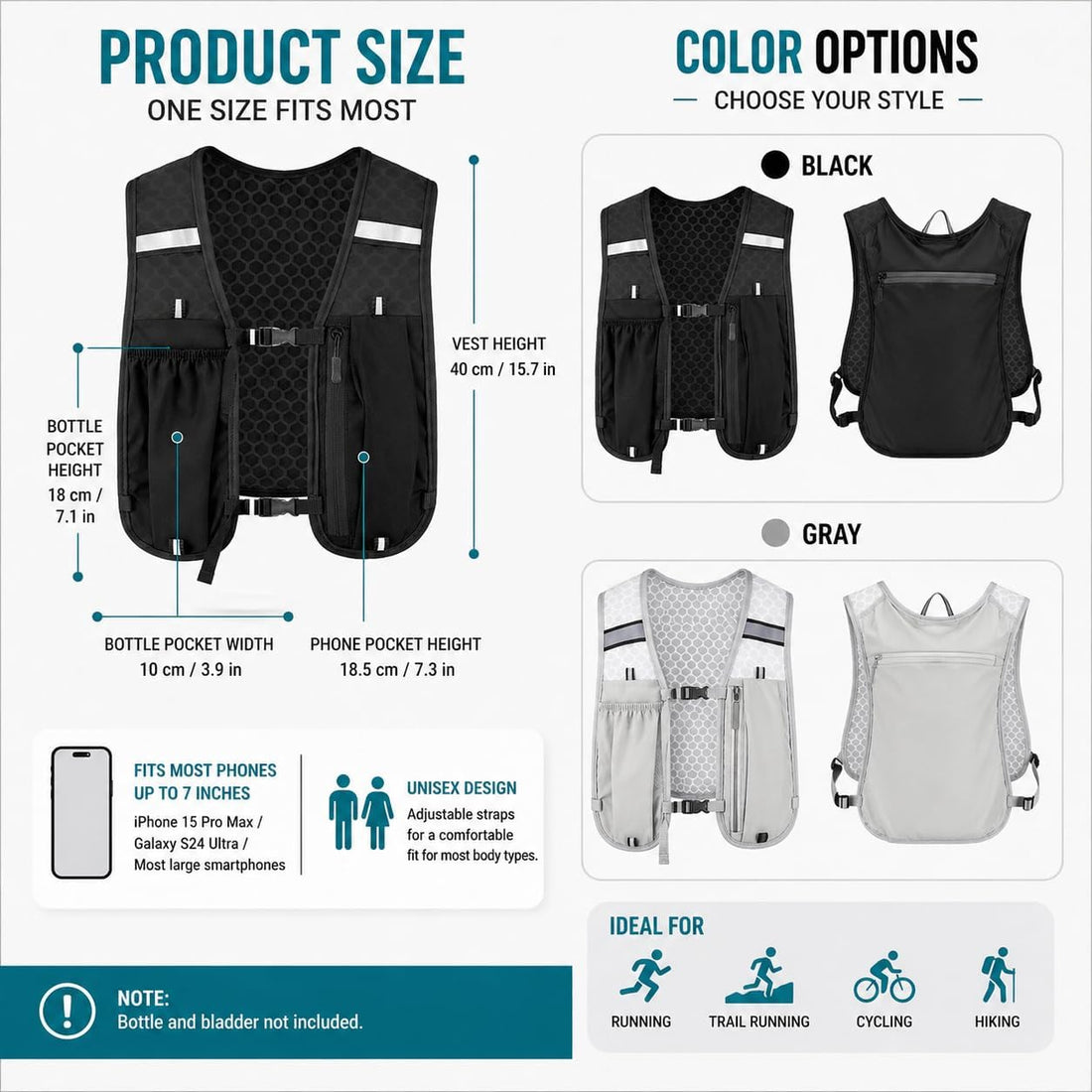 Running Vest for Women & Men, Hydration Vest with Water Bottle Holder and Zipper Phone Pocket, Lightweight Breathable Reflective Running Vest for Marathon.
