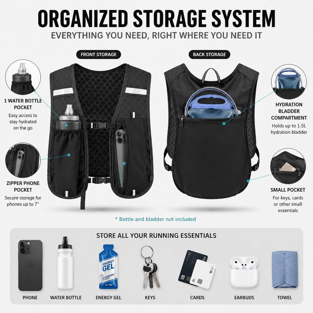 Running Vest for Women & Men, Hydration Vest with Water Bottle Holder and Zipper Phone Pocket, Lightweight Breathable Reflective Running Vest for Marathon.