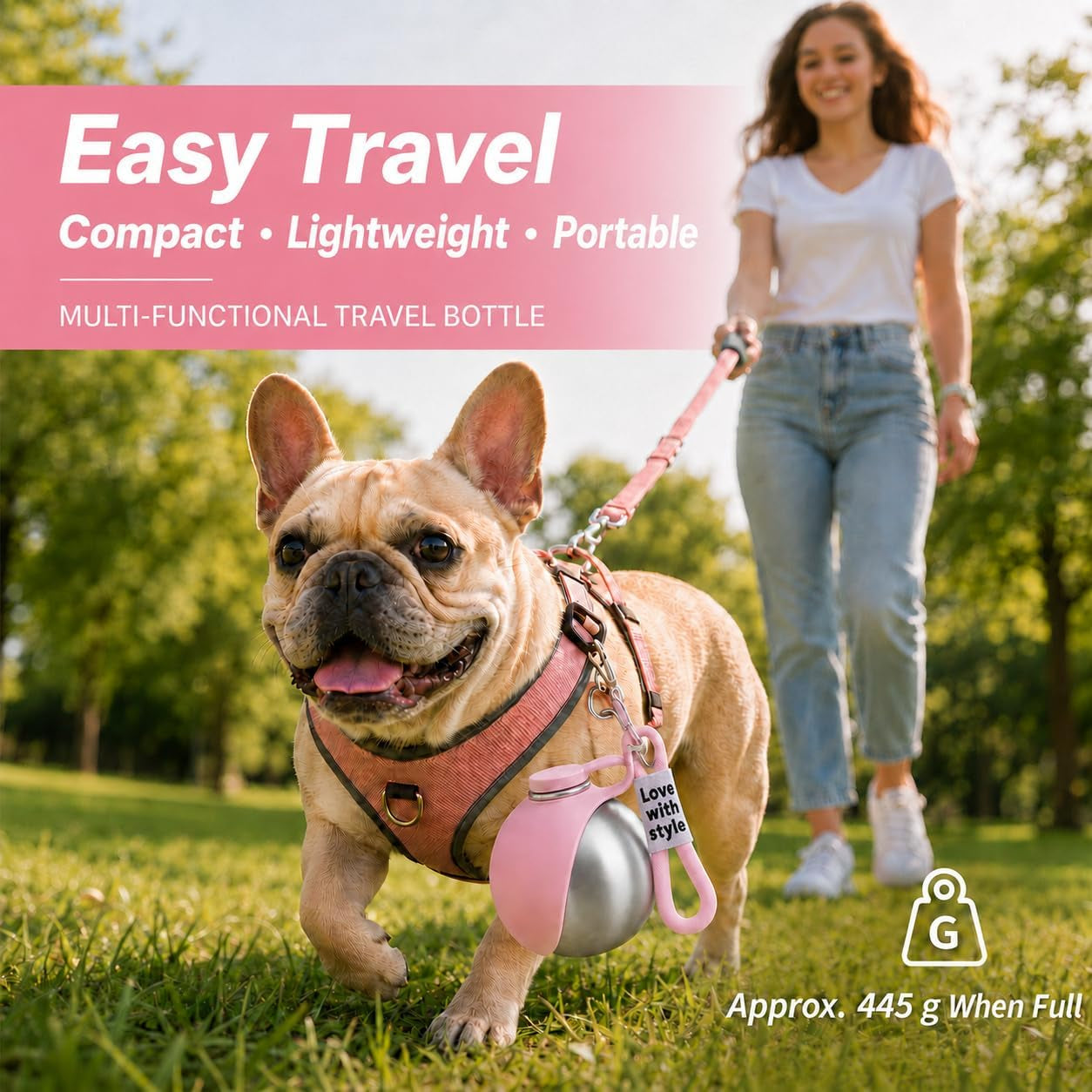 Portable Pet Dog Water Bottle with Silicone Collapsible Bowl, 10 Oz Pink