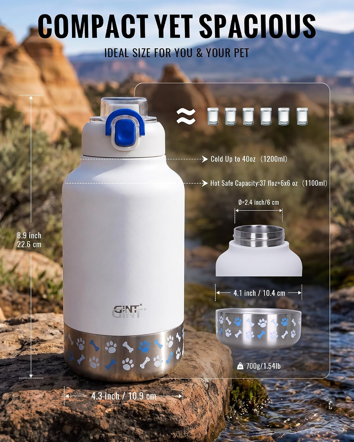 37Oz / 1.1L Insulated Dog Water Bottle with Carrying Case, (White)