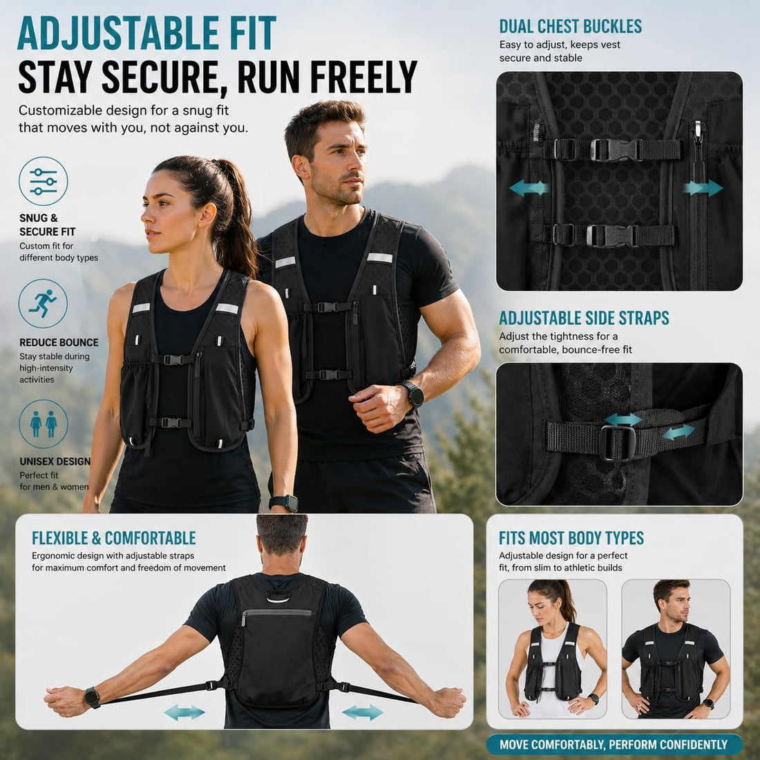 Running Vest for Women & Men, Hydration Vest with Water Bottle Holder and Zipper Phone Pocket, Lightweight Breathable Reflective Running Vest for Marathon.
