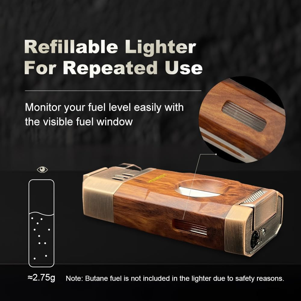 Windproof Torch Lighter with Built-In Cigar Cutter – Dual-Flame Refillable Stainless Steel Cigar Accessory for Candles & Fireplace