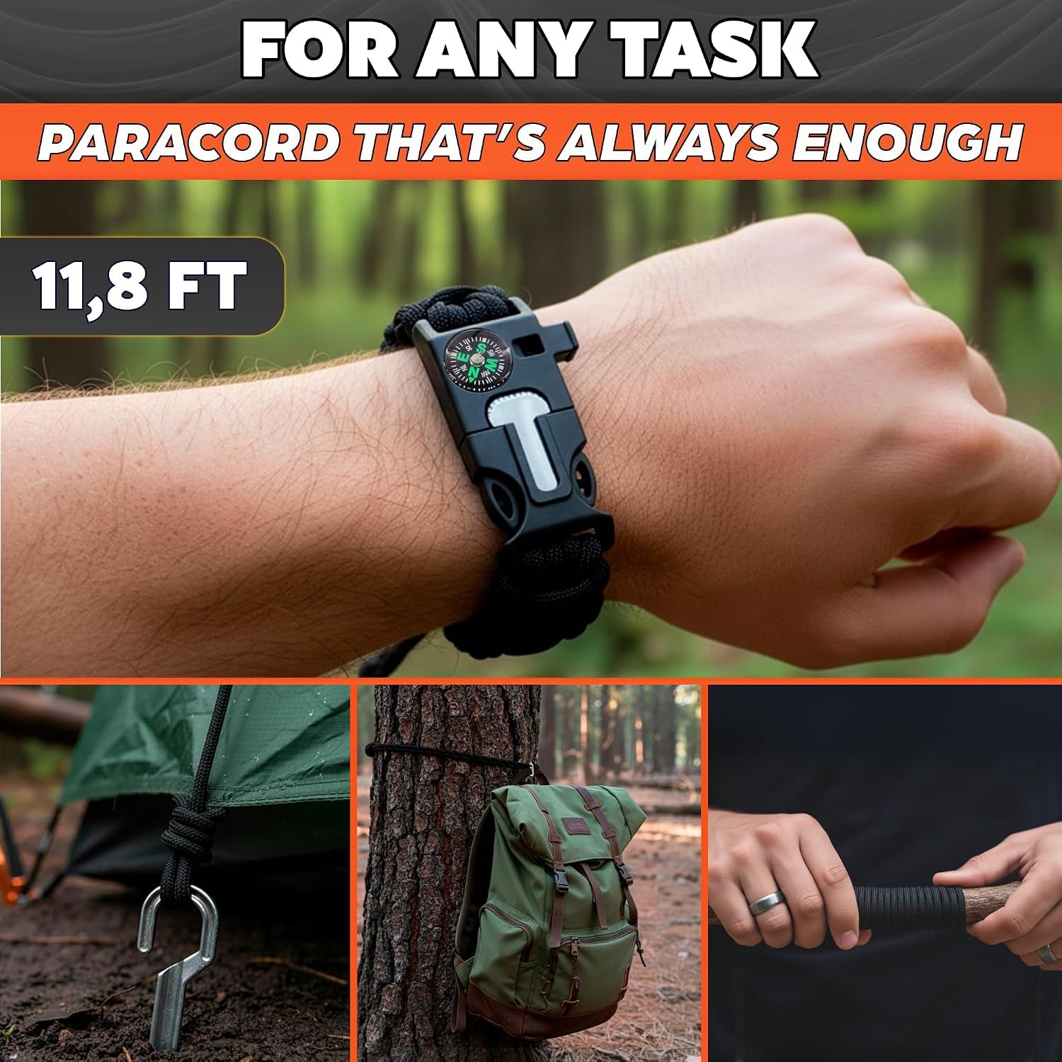 Adjustable Paracord Bracelet, Survival, 5-In-1 Tactical Gear, 2 Pack