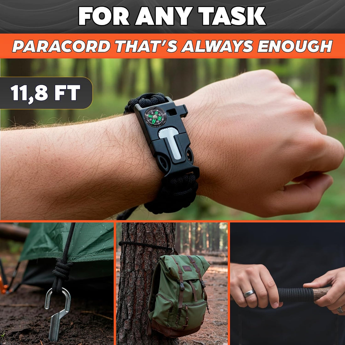 Adjustable Paracord Bracelet, Survival, 5-In-1 Tactical Gear, 2 Pack